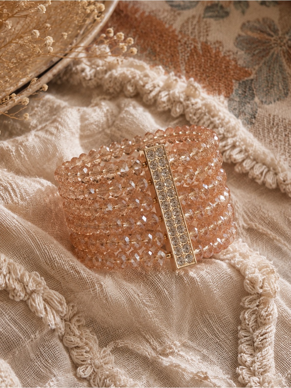 Sparkly Shiny Peach Blush Pink & Gold Beaded Bracelet for Formal Events Dress Up